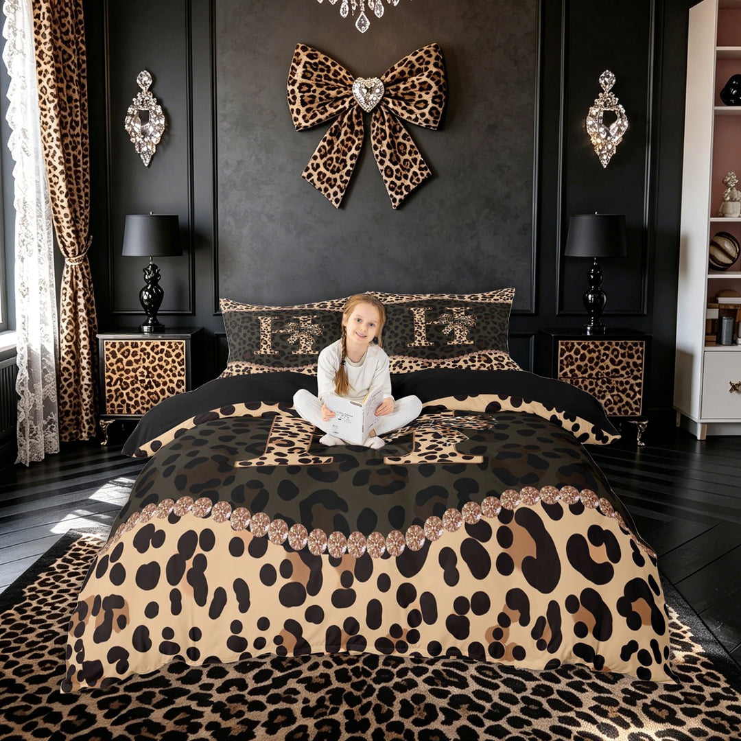 meiyoeat Leopard Print Letter Bedding for Girls, Bow Diamond Duvet Cover Full, Brown Black, Black Reversible, 3 Pieces, 1 Duvet Cover and 2 Pillowcases