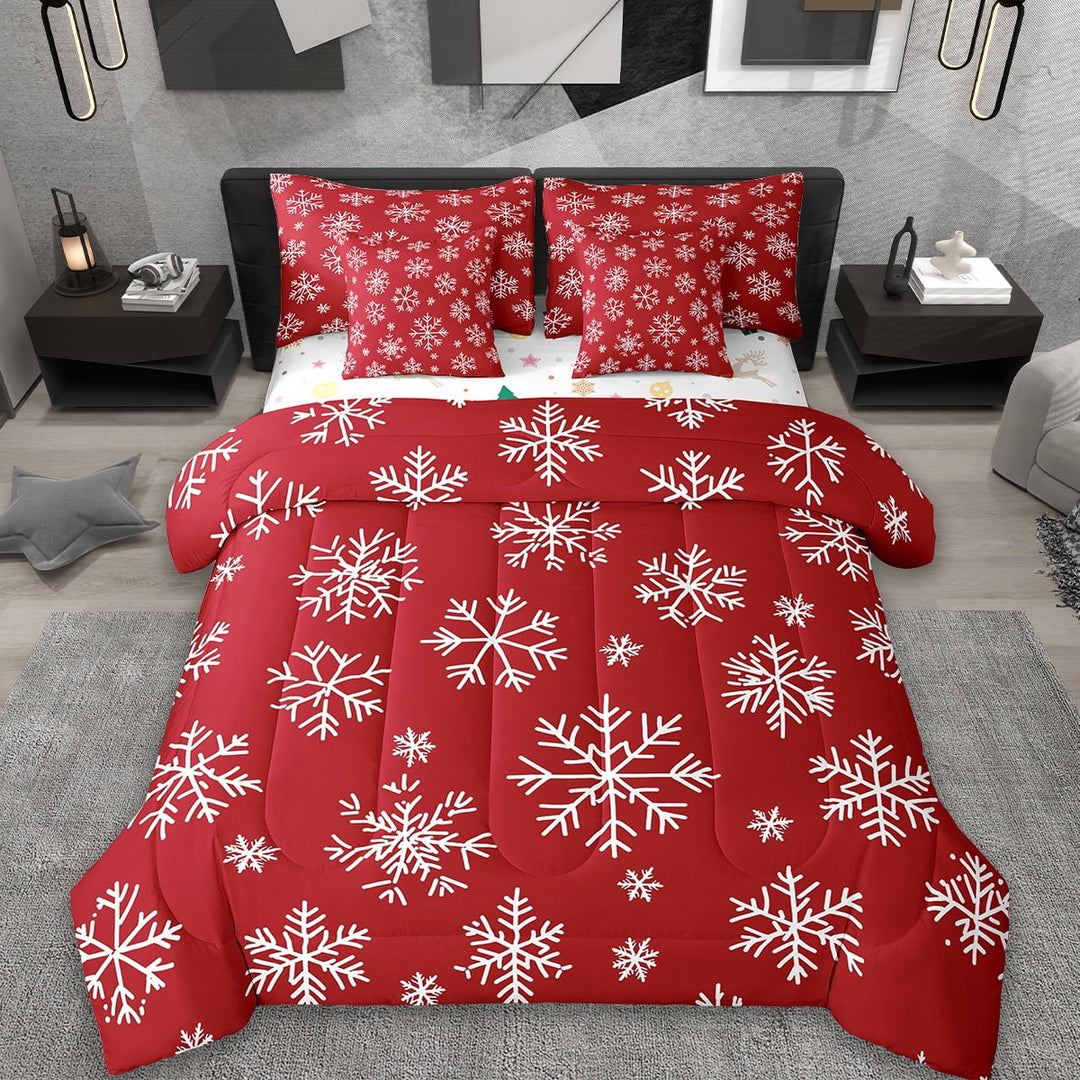 Erosebridal Snowflake Bed in a Bag King Size,Modern Minimalist Art Bed Set,Red White Bedding King Size,Super Cozy Bedroom Decoration Reversible,7 Pieces