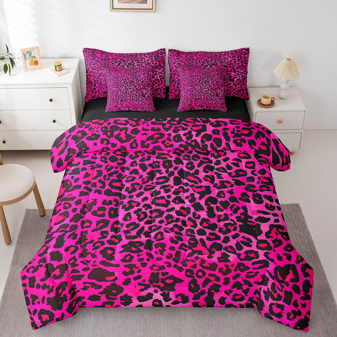 Manfei Leopard Print 7 Pieces Bedding Comforter Set,Black Pink Full Bedding Set Lightweight,Animal Print Fitted Sheet Flat Sheet,Microfiber Abstract Bedroom Decoration,Reversible