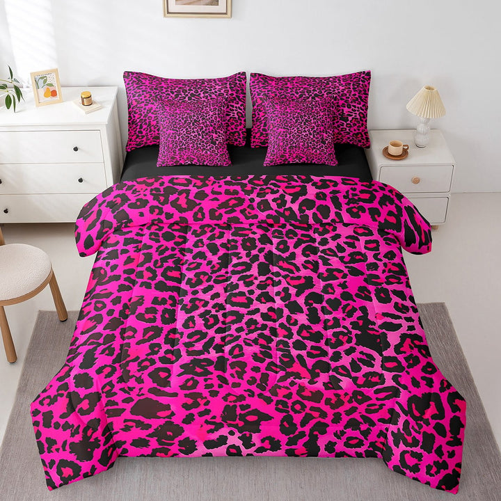 Manfei Leopard Print 7 Pieces Bedding Comforter Set,Black Pink Full Bedding Set Lightweight,Animal Print Fitted Sheet Flat Sheet,Microfiber Abstract Bedroom Decoration,Reversible