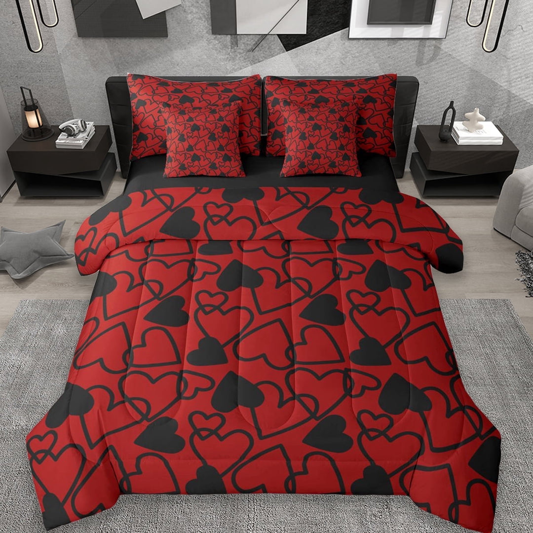 Erosebridal Cartoon Loves Pattern 7-Piece Twin Bedding Sets,Red Black Heart Print Bedding Comforter Set For Men Women,Reversible