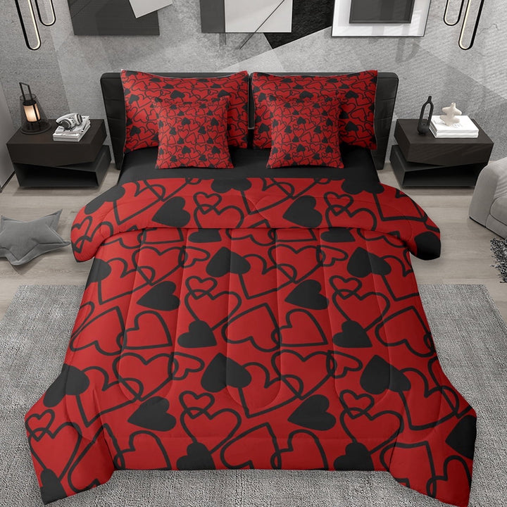 Erosebridal Cartoon Loves Pattern 7-Piece Twin Bedding Sets,Red Black Heart Print Bedding Comforter Set For Men Women,Reversible