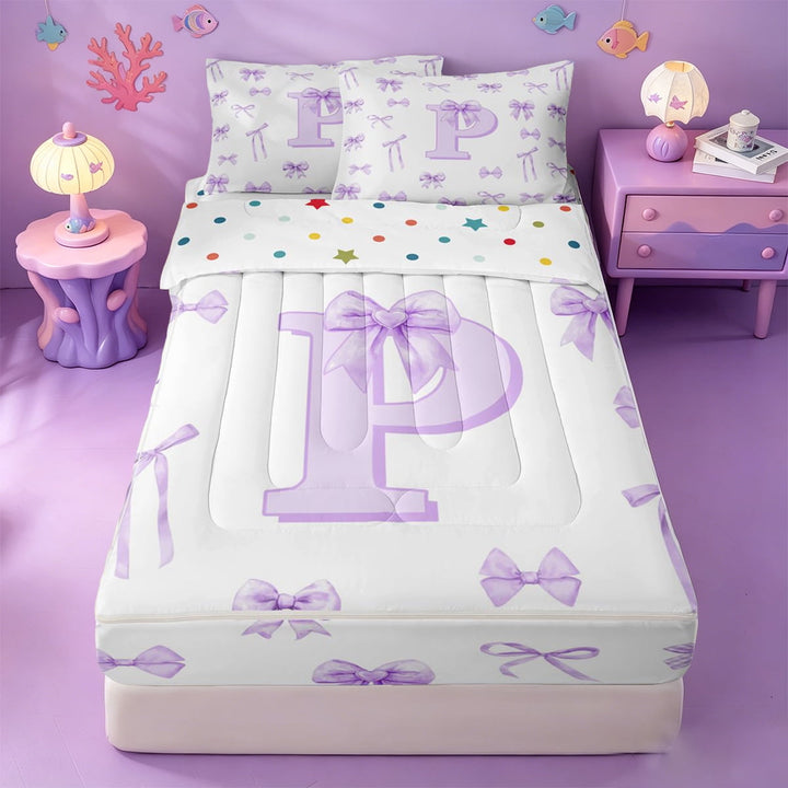 meiyoeat Princess Bowknot Monogram P Zipper Full Size Comforter Sets with Fitted Sheet and 2 Pillowcases,Purple Watercolor Initial Letter Zipper Bedding Set For Girl,Reversible,4 Pieces