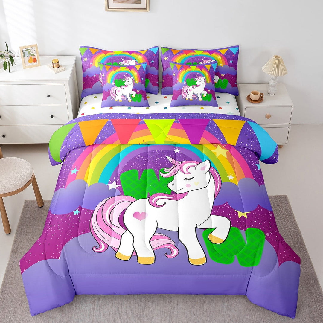 Erosebridal Green Monogrammed W Bedding Sets Twin Size, Kawaii Unicorn Comforter Sets with Sheets, Cute Animal Reversible Bedding Twin Size, Ultra Soft Bedroom Decor, 7-Piece