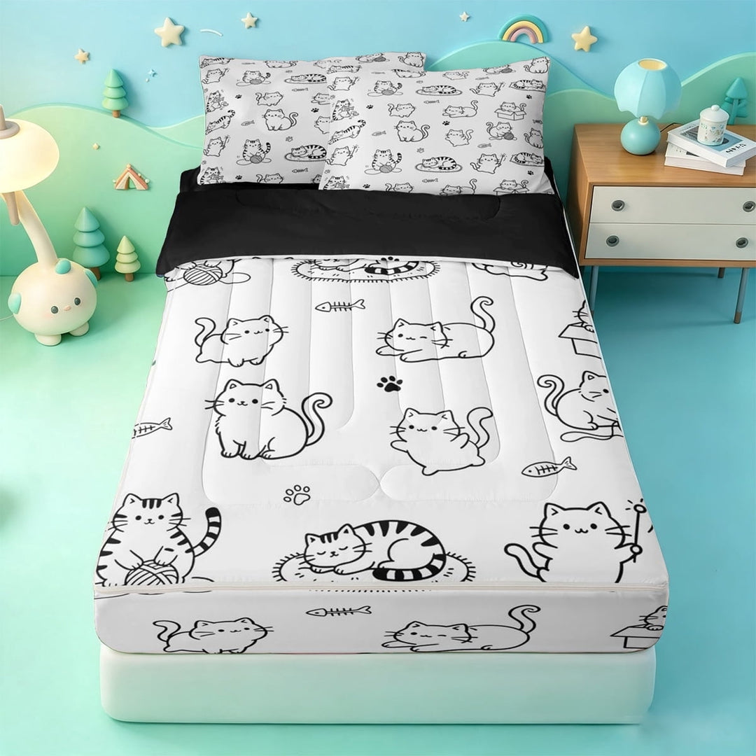 meiyoeat Mixed Black Cat Cute Zipper Full Size Comforter Sets with Fitted Sheet and 2 Pillowcases,Cute Kitten Pet Animal Zipper Bedding Set,Black Reversible,4pcs