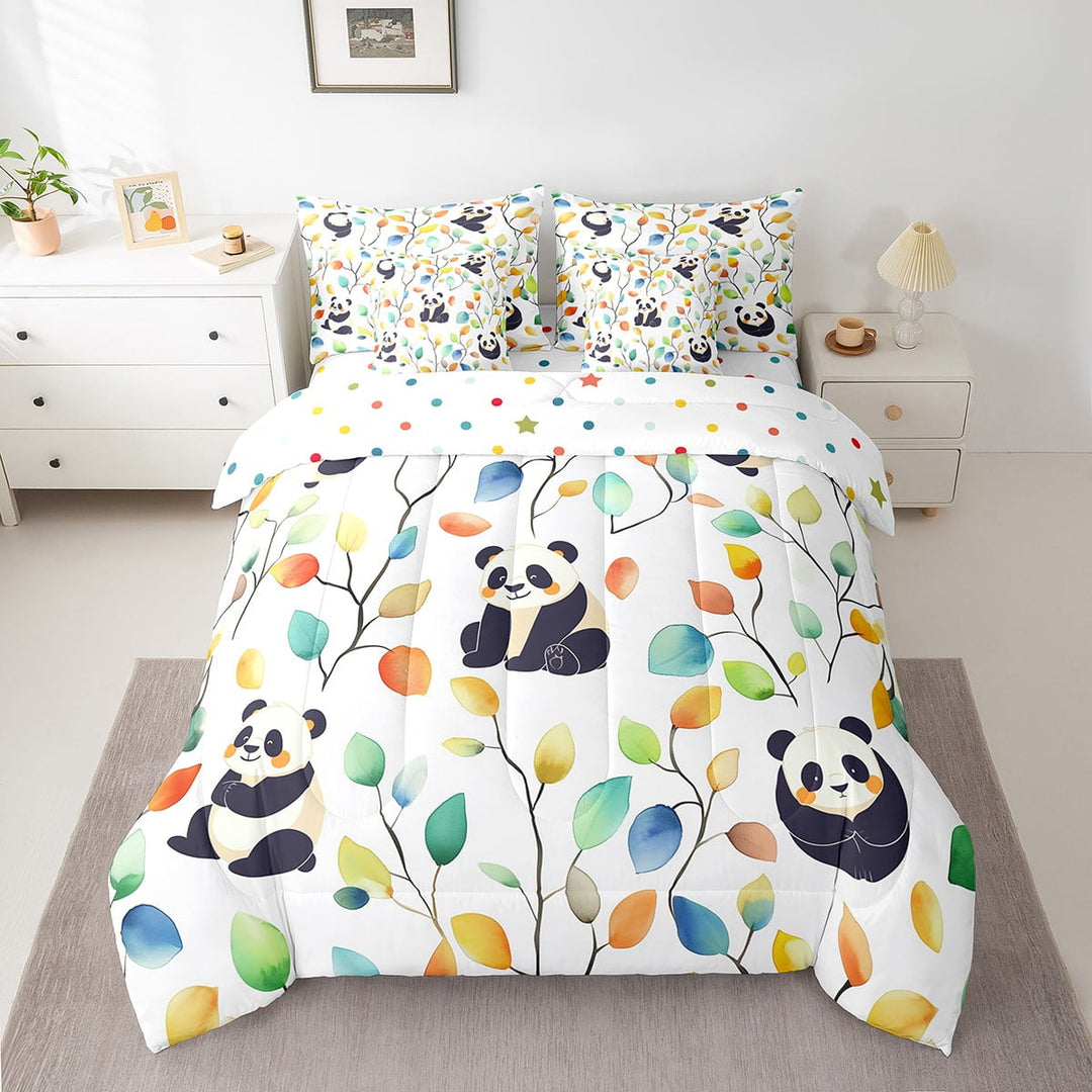 Erosebridal Cute Panda Bed in a Bag 7 Pieces Hippie Floral Bedding Set, Chic Flower Twin Size Comforter Set Watercolor Leaves Bedding Comforter Sets, Woodland Wildlife Bear Bed Set