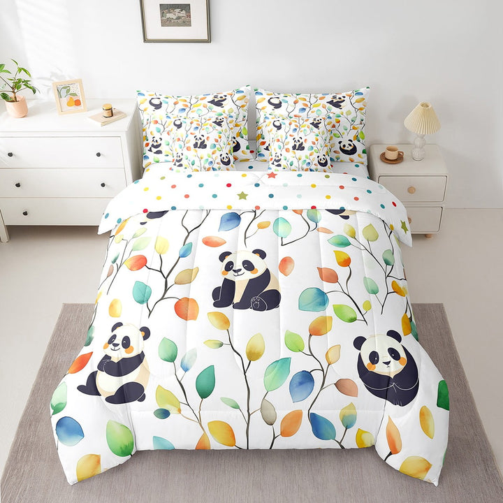 Erosebridal Cute Panda Bed in a Bag 7 Pieces Hippie Floral Bedding Set, Chic Flower Twin Size Comforter Set Watercolor Leaves Bedding Comforter Sets, Woodland Wildlife Bear Bed Set