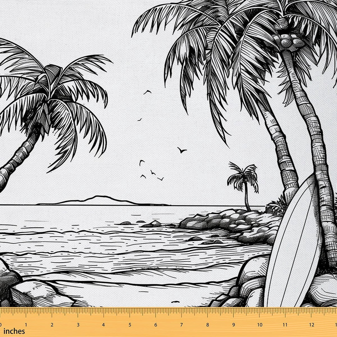 Castle Fairy Summer Beach Fabric by the Yard 2 Yards, Surfboard Palm Tree Sea Fabric for Sewing, White Black Gray Sketch Home Decor Fabric by the Yard, Microfiber Bedroom Decor