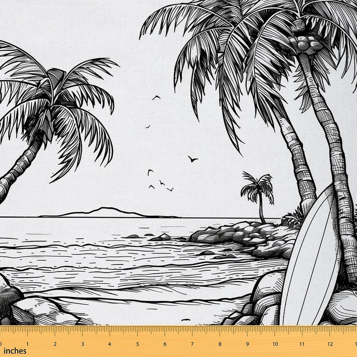 Castle Fairy Summer Beach Fabric by the Yard 2 Yards, Surfboard Palm Tree Sea Fabric for Sewing, White Black Gray Sketch Home Decor Fabric by the Yard, Microfiber Bedroom Decor