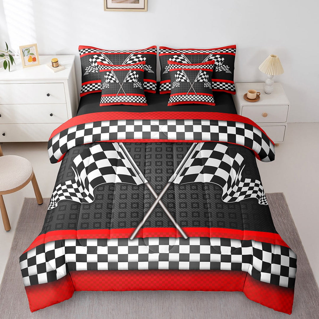 Erosebridal Race Car Theme Reversible Comforter Set 7 Piece Twin Size,Black White Checkered Flag Print Bed Sheet Set Red Stripes Geometric Grid Plaid Bedding Set with Comforter,Fitted &amp; Flat Sheet