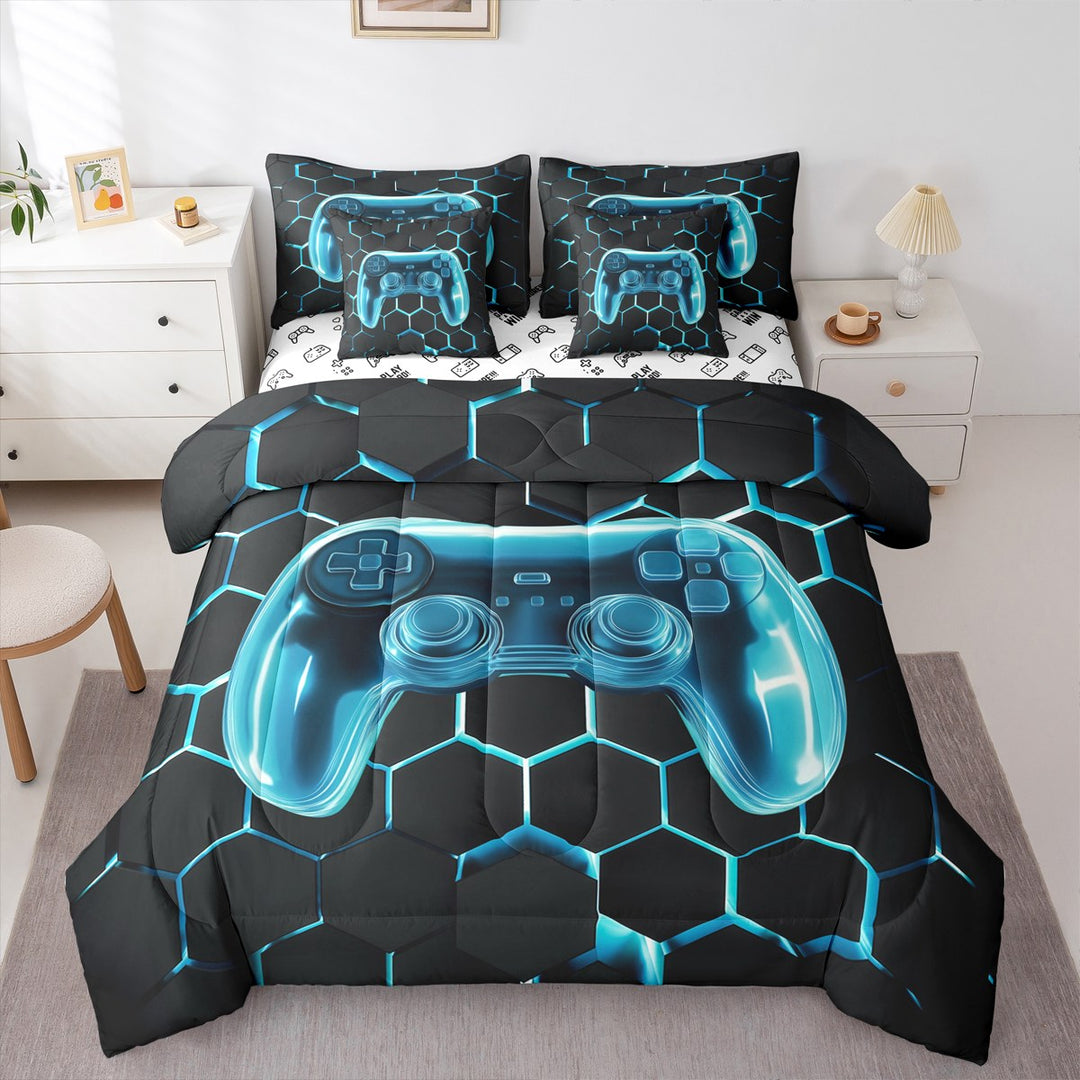 Erosebridal Cyan Gamepad Bed in a Bag Twin size, Geometry Honeycomb Bed Set, Video Game Decor, Reversible 7 Pieces