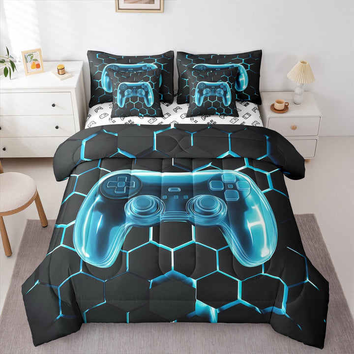 Erosebridal Cyan Gamepad Bed in a Bag Twin size, Geometry Honeycomb Bed Set, Video Game Decor, Reversible 7 Pieces