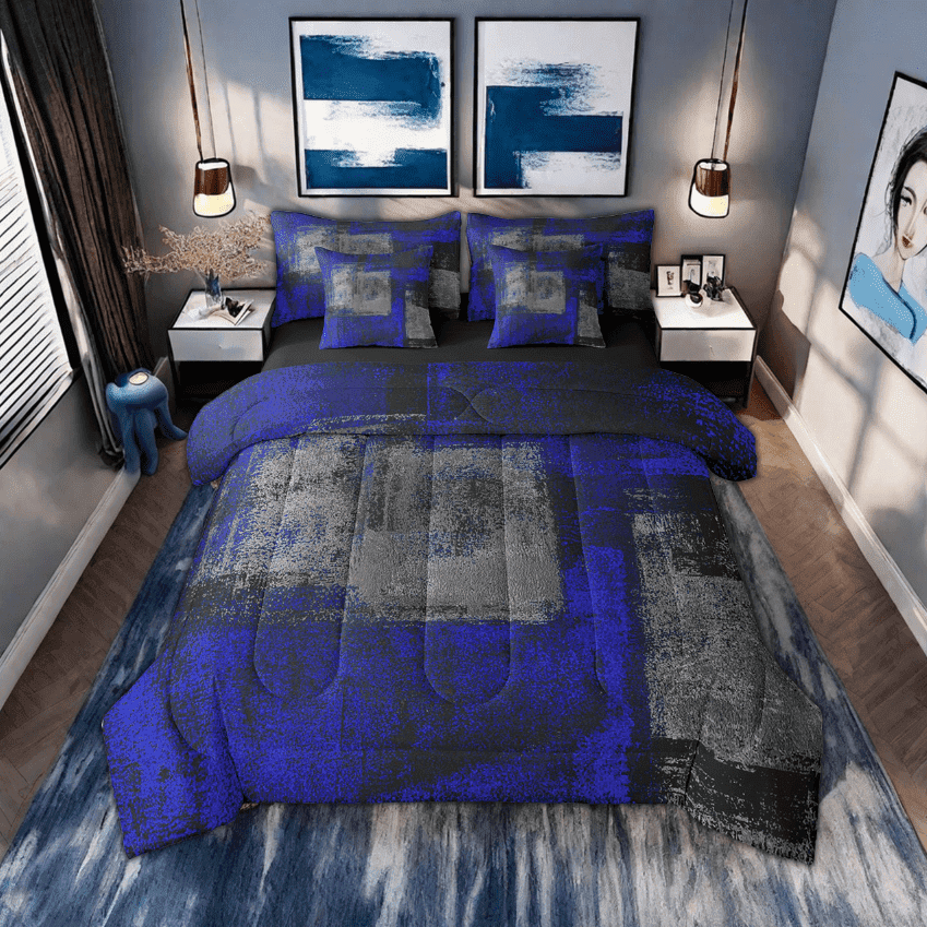 Erosebridal Grunge Abstract Bedding Set Teen Dark Blue Black Grey Full Comforter Set 7 Pcs Oil Painting Graffiti Bed In A Bag Tie Dye Ombre Graffiti Bed Set Reversible Black