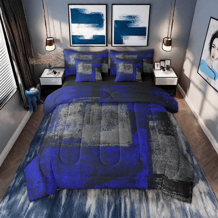 Erosebridal Grunge Abstract Bedding Set Teen Dark Blue Black Grey Full Comforter Set 7 Pcs Oil Painting Graffiti Bed In A Bag Tie Dye Ombre Graffiti Bed Set Reversible Black