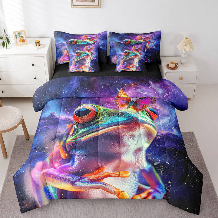 Watercolor Frog Bed in a Bag 7pcs Purple Navy Blue Bedding Set, Woodland Wildlife Twin Size Comforter Set Cute Animal Bedding Comforter Sets , Glitter Stars Galaxy Bed Set