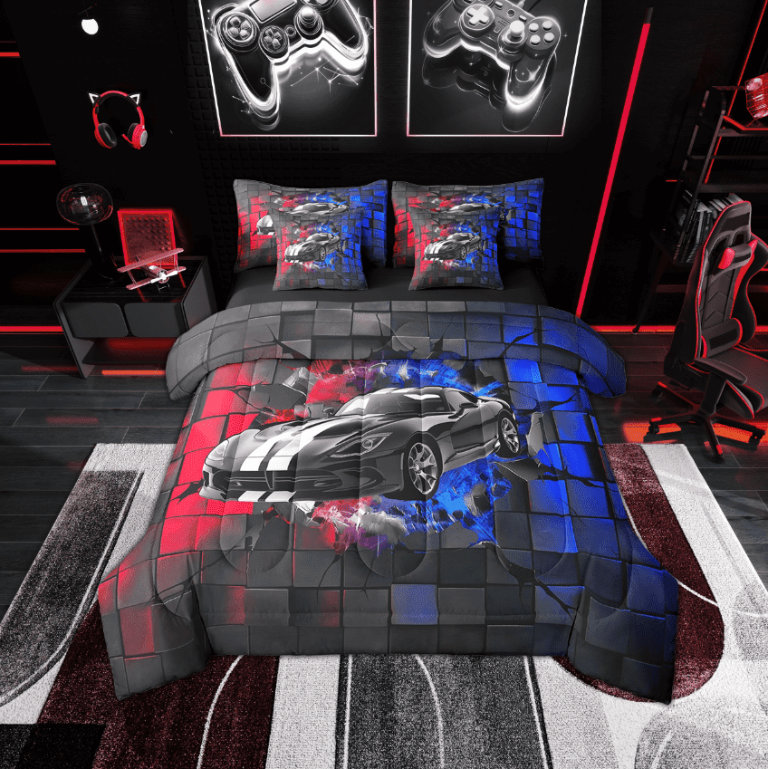 Erosebridal Racing Car Bedding Sets Twin Size,Geometric Buffalo Comforter Sets with Sheets,Blue Purple Bed in a Bag Twin size,Lightweight Car Room Decoration,Reversible,7-Piece