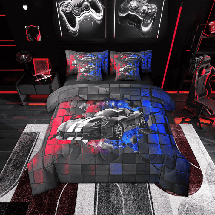 Erosebridal Racing Car Bedding Sets Twin Size,Geometric Buffalo Comforter Sets with Sheets,Blue Purple Bed in a Bag Twin size,Lightweight Car Room Decoration,Reversible,7-Piece