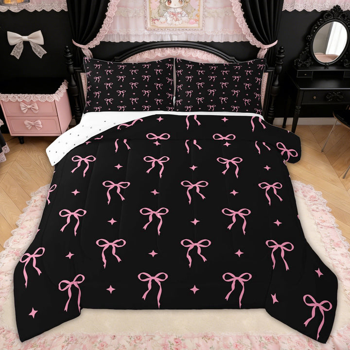 Erosebridal Bow Butterfly Knot Full Size Comforter Sets for Girls, Cute Satrs Print Bedding Sets, Black Pink, Reversible, 3-Piece
