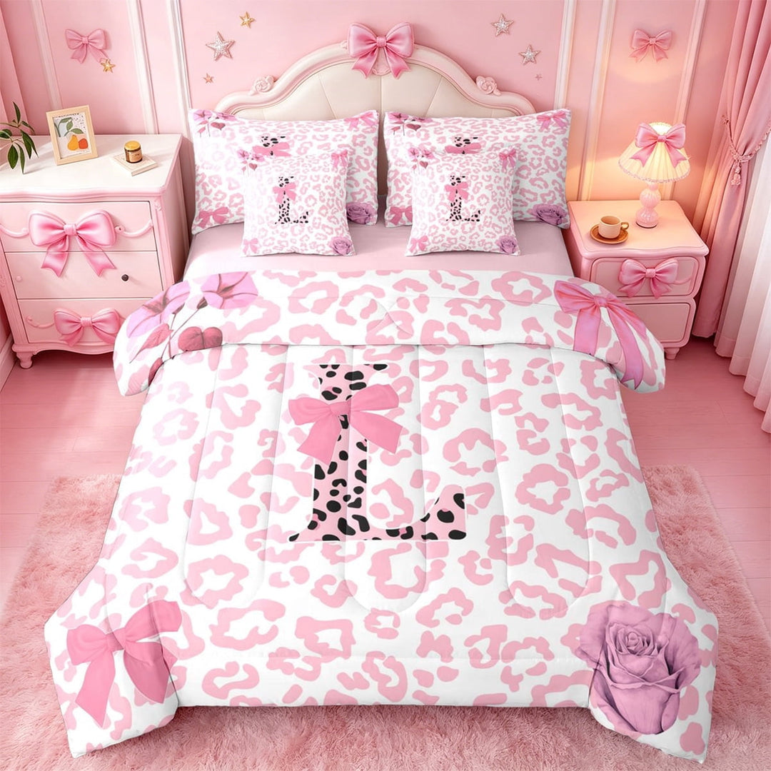 Erosebridal Cheetah Print 7-Piece Twin Bedding Sets For Kids,Cute Coquette Bowknot Letter L Monogram Bedding Comforter Set,Pink Reversible