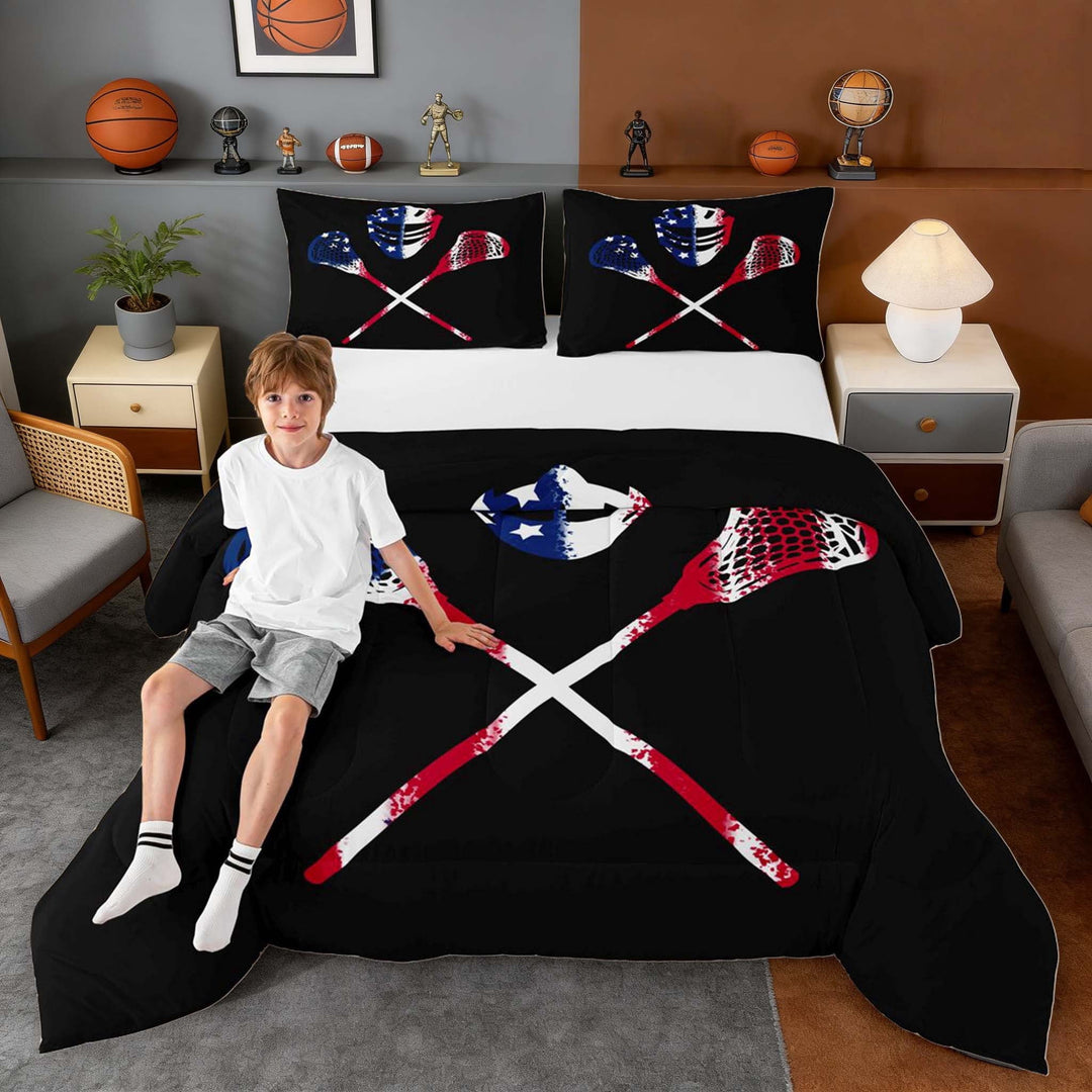 Erosebridal USA Lacrosse Full Size Comforter Sets, Sport Bedding Sets for Men and Boys, Black Reversible 3 Pieces, 1 Comforter and 2 Pillowcases