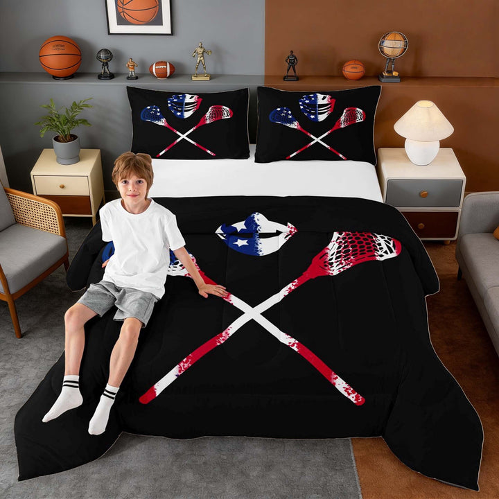 Erosebridal USA Lacrosse Full Size Comforter Sets, Sport Bedding Sets for Men and Boys, Black Reversible 3 Pieces, 1 Comforter and 2 Pillowcases