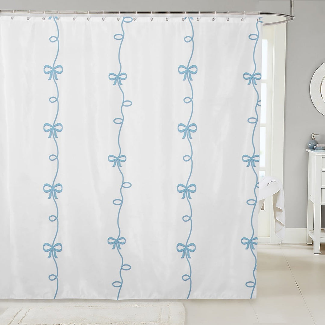 Bowknot Shower Curtain,Blue Lines Bathroom Curtain,Teens Woman Bathtub Decor,3D Bow Butterfly Waterproof Curtain White Modern Sweet Bath Curtain,12 Hooks,72"Wx72"L