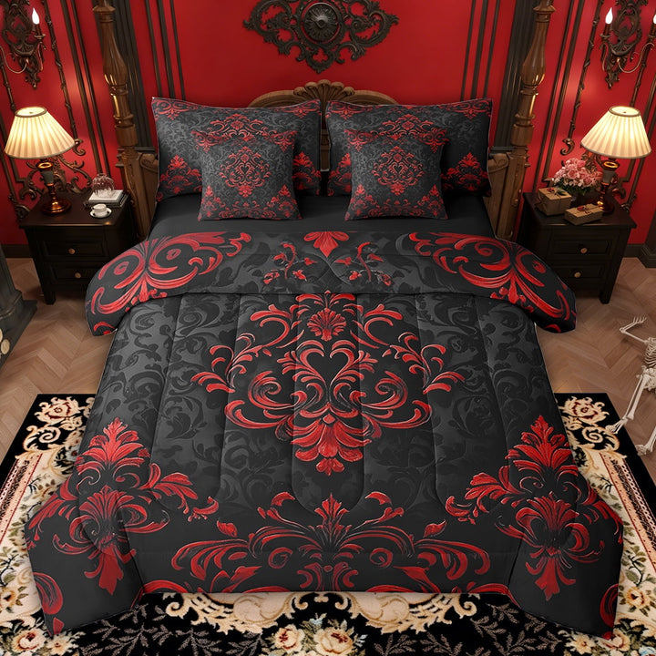 Manfei Victorian Damask 7 Pieces Bed in a Bag Full Size, Vintage Baroque Floral Bed Set, Black Red Bed Sheets Setp with Comforter, Breathable Bedroom Decor