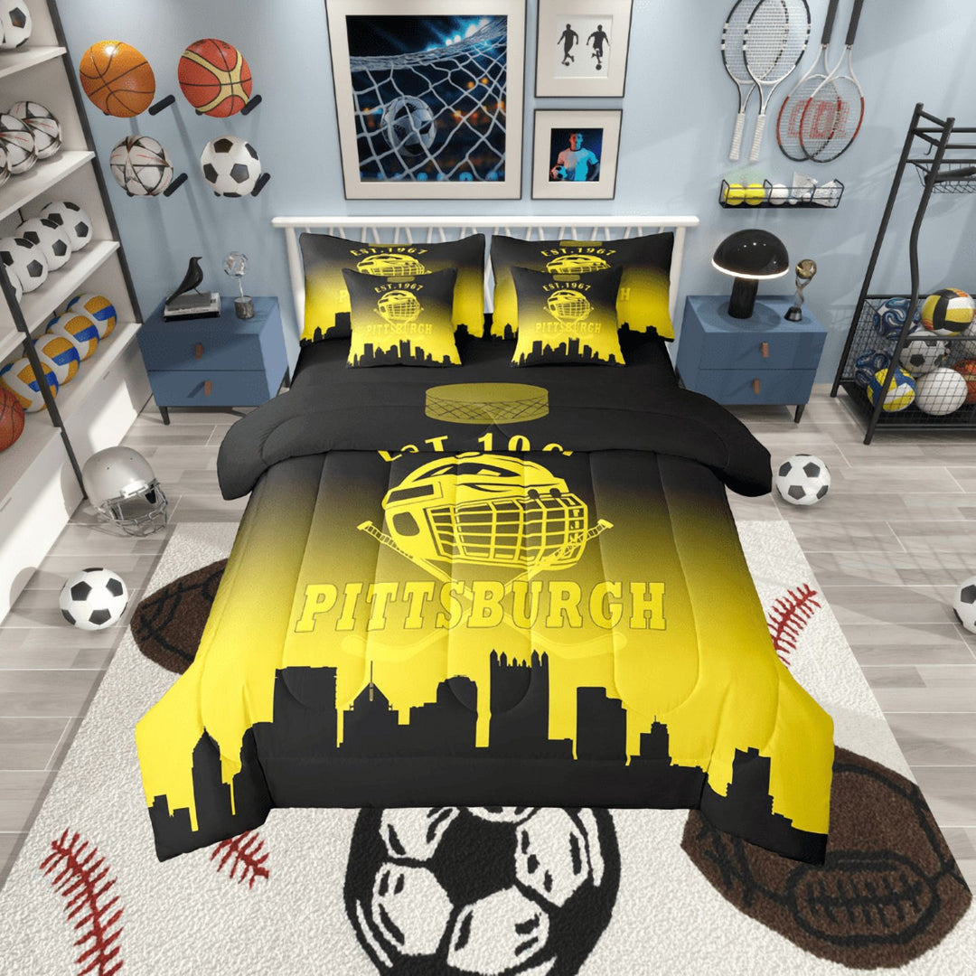 Erosebridal American Boston Bed in a Bag Twin size, Football Player Bed Set, Yellow Black Reversible Bedding Twin Size, Microfiber Bedroom Decor, 7 Pieces