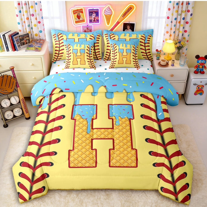 Erosebridal Light Blue Dripping Baseball Stitch &amp; Waffle Letter H Graphic Twin Bedding Sets 7-Piece, Alphabet Graphic Bedding Comforter Set for Boys And Girls Kids,Super Cozy Room Decor
