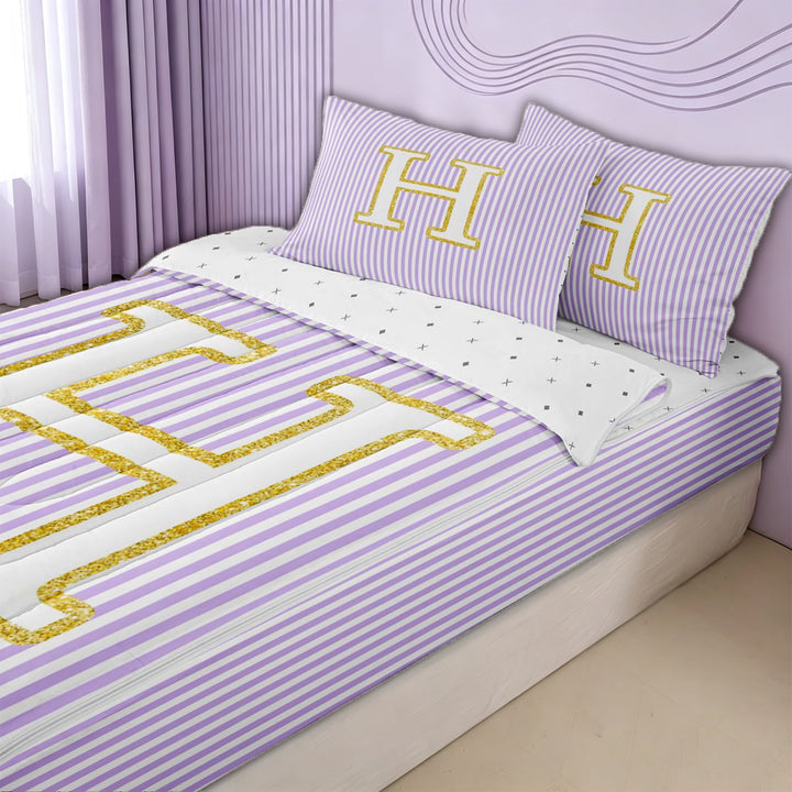 meiyoeat Gold H Monogram Zipper Full Size Comforter Sets with Fitted Sheet and 2 Pillowcases for Kids Girls Women, Purple Stripes Zipper Bedding Set for Bedroom, ReversibleG