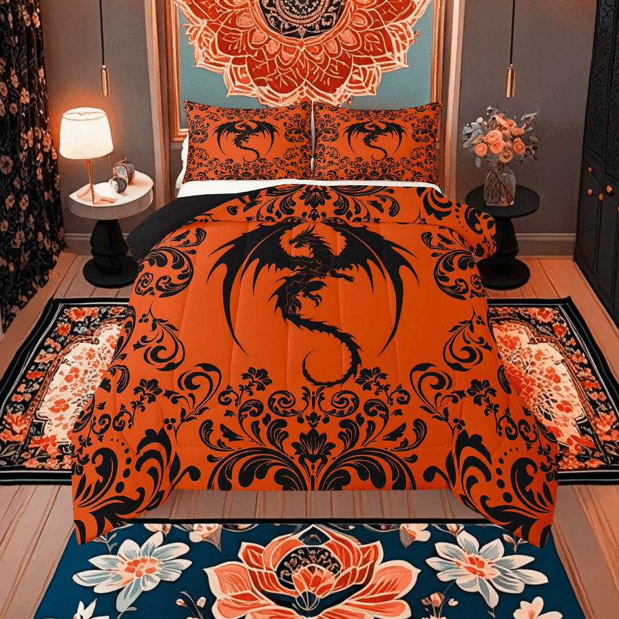 Damask Dragon Bed Comforter Set Full Boho Black Orange Gothic Animal Bedding Set Bohemian Exotic Floral Dragon Comforter Set For Adults Retro Victorian Baroque Flower Goth Quilt Set