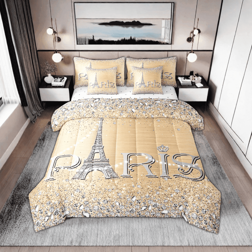 Erosebridal 7 Pcs Golden Paris Comforter Set Twin,Eiffel Tower Bed in A Bag,Girly Sparkles Diamond Bedding Sets,(Not Real)Sequins Reversible Bed Sets with Sheet Set Bedroom Decor