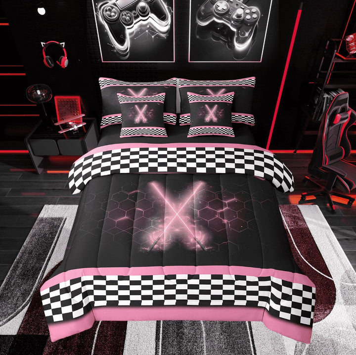 Erosebridal Cool Lightning Bed in a Bag Twin size, Honeycomb Bed Set, Checkered Flag Decor, Reversible 7pcs