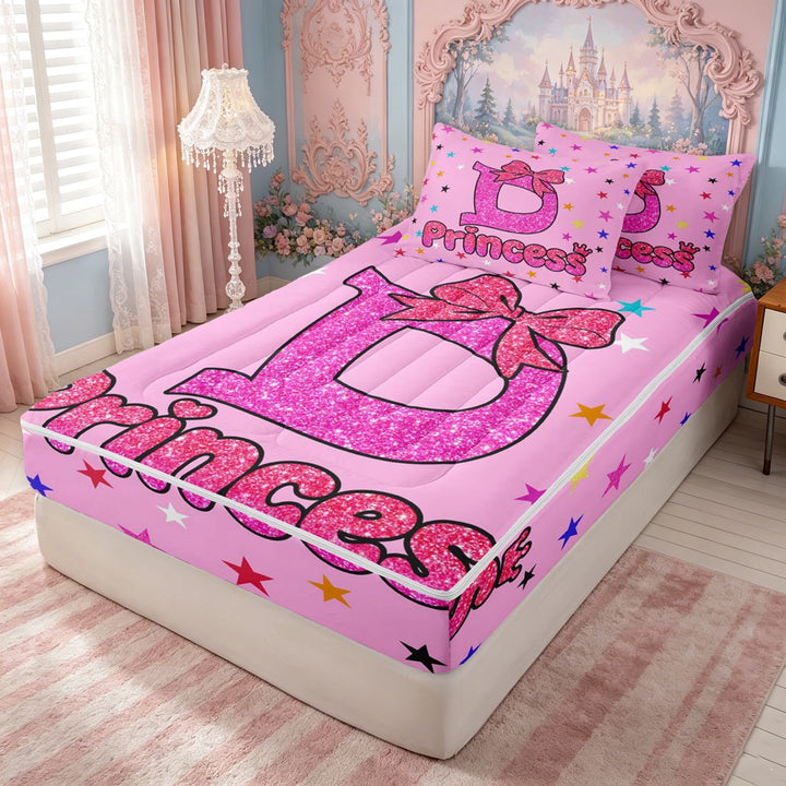 meiyoeat Dreamy Princess D Letter Zipper Twin Comforter Sets with Fitted Sheet and 2 Pillowcases for Girls, Kawaii Cartoon Stars Bow Zipper Bedding Set, Pink Reversible, 4pcs