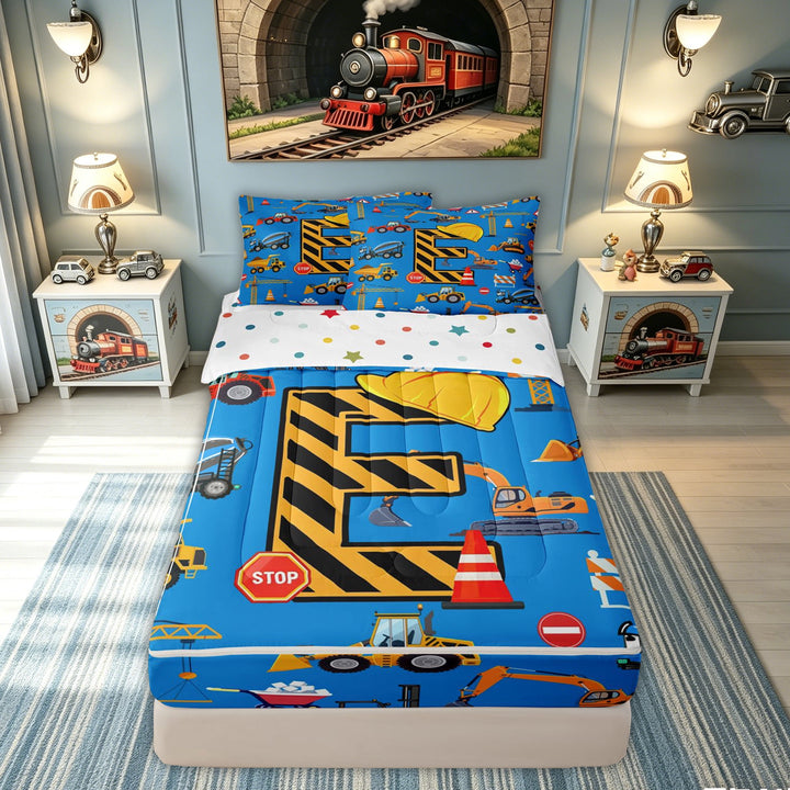 meiyoeat Construction Letter E Zipper Comforter Set with Fitted Sheet and 2 Pillowcases for Boys Girls, Blue Truck Vehicle Zipper Bedding Set, Polkadot Reversible, 3 Pieces