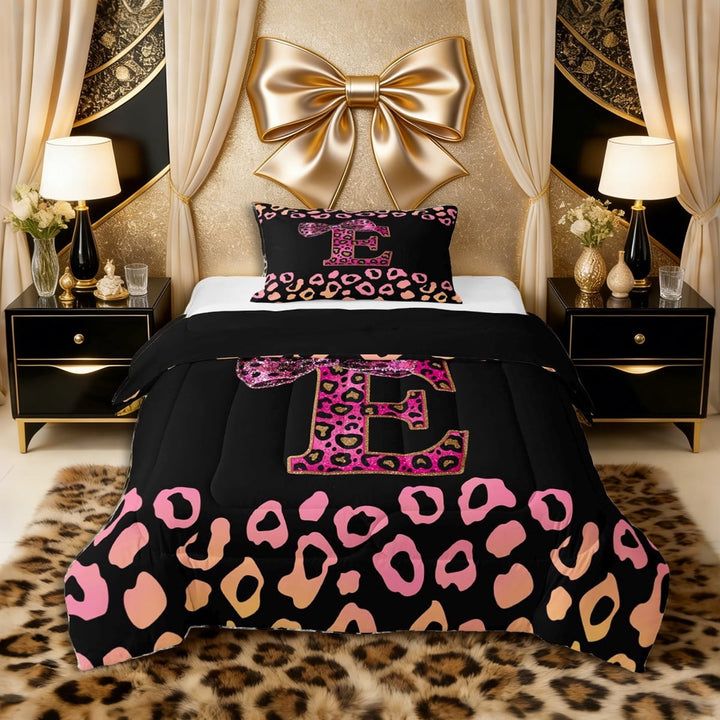 Erosebridal Girls Cheetah Print Alphabet E Twin Comforter Sets 3-Piece,Bling Glitter Print Leopard Print Bedding Set for Teens Women,Black Reversible,Super Cozy Room Decor