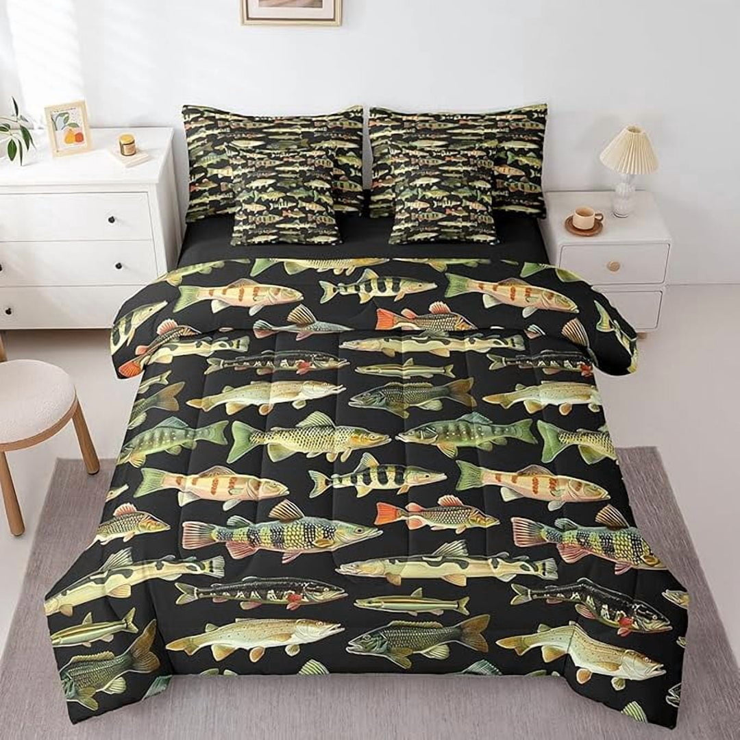 Erosebridal Fishing 7 Pieces Bedding Set Twin Size for Men, Vintage Pike Fish Comforter Set Fishing and Hunting Bed Set Bed in a Bag with Comforter, Sheets