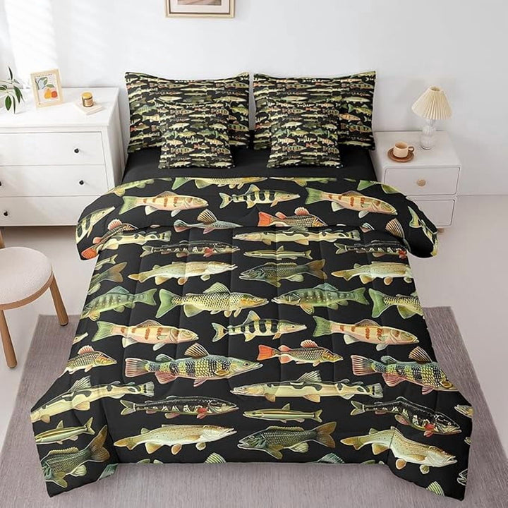 Erosebridal Fishing 7 Pieces Bedding Set Twin Size for Men, Vintage Pike Fish Comforter Set Fishing and Hunting Bed Set Bed in a Bag with Comforter, Sheets