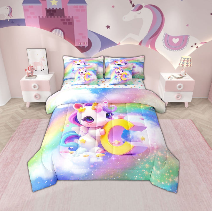Erosebridal Initial Letter C Bedding Twin Size, Rainbow Unicorn Bed Set, Monogrammed Reversible Bedding Sets Twin Size, Super Cozy Room Decoration, 7pcs