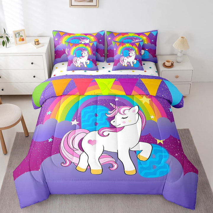 Erosebridal Purple Unicorn Bedding Sets Twin Size, Initial B Comforter Sets with Sheets, Cartoon Monogrammed Reversible Bedding Twin Size, Super Cozy Room Decorative, 7pcs