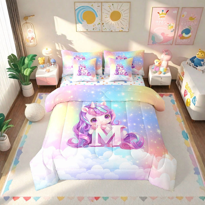 Erosebridal Cute Unicorn Bed In A Bag Twin Size, Initial Printed M Bed Set, Rainbow Galaxy Bedding Twin Size, Microfiber Bedroom Decorative,7 Pieces Reversible