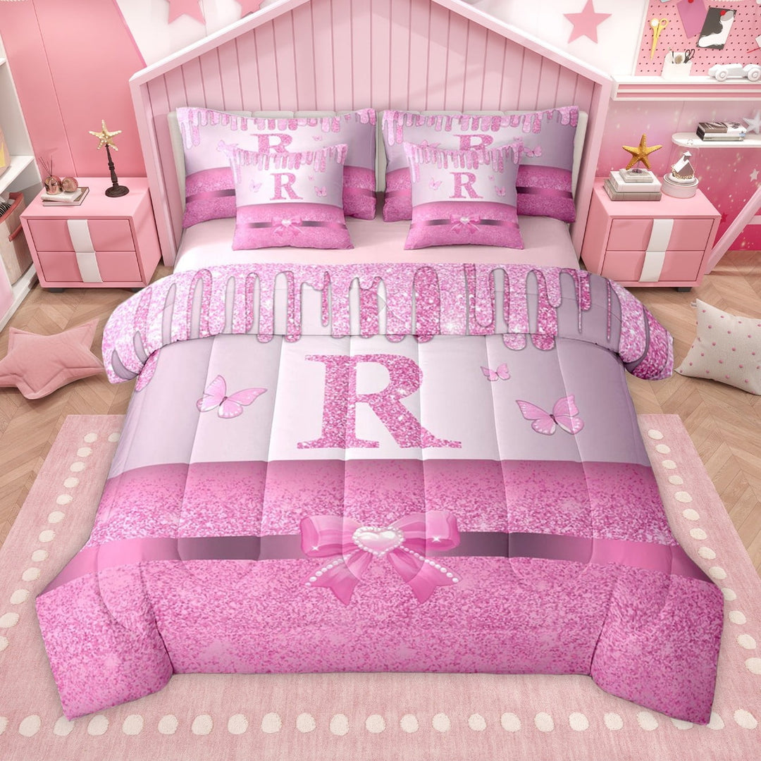Manfei Kawaii Bowknot Alphabet R 7 Pieces Bedding Comforter Set for Female Women Teens,Bling Glitter Splash Full Bedding Set Lightweight,Flying Butterfly Fitted Sheet Flat Sheet