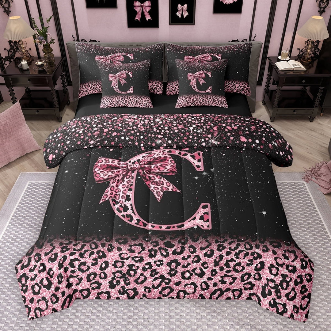 Erosebridal Cute Pink Leopard Print Twin Bedding Sets for Girls, Bowknot Letter C Bedding Comforter Set, Black Reversible 7 Pieces