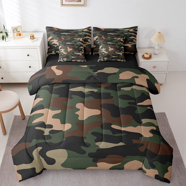 Erosebridal Camouflage Pattern Bedding Twin Size,Rustic Farmhouse Camo Comforter Sets With Sheets,Black Green Bedding Sets Twin Size For Boys Kids,Breathable Bedroom Decorative Reversible,7Pcs
