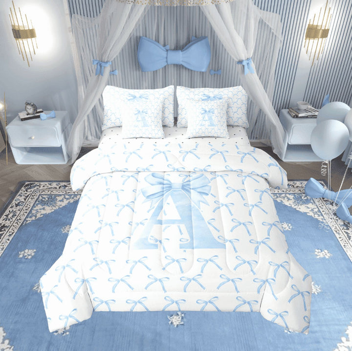Erosebridal Kawaii Bowknot Bedding Sets Twin Size,Initial Letter Comforter Sets with Sheets,Monogrammed Decor,Reversible,7pcs