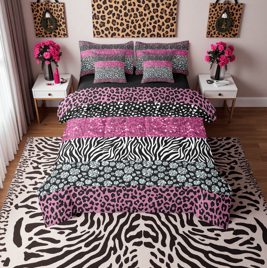 7Pcs Leopard Print Comforter Set Queen, Romance Cheetah Zebra Bedding Women Room Decor, Glitter Sequins Diamond Bed Set Pink Silver Duvet Set (No Glitter No Sequin)