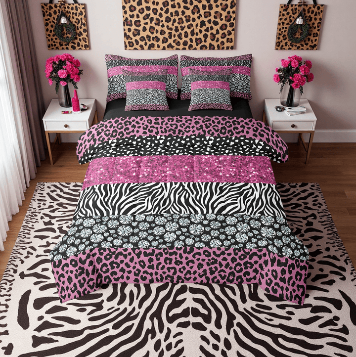 7Pcs Leopard Print Comforter Set Queen, Romance Cheetah Zebra Bedding Women Room Decor, Glitter Sequins Diamond Bed Set Pink Silver Duvet Set (No Glitter No Sequin)