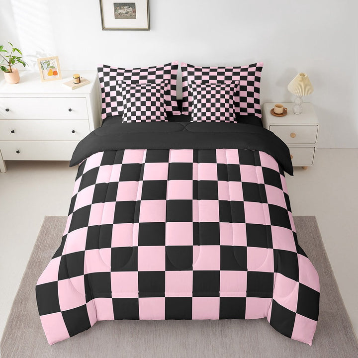 Erosebridal Checkered Gingham Bed in a Bag Twin size, Blue White Bed Set, Rectangle Geometry Decor, Reversible