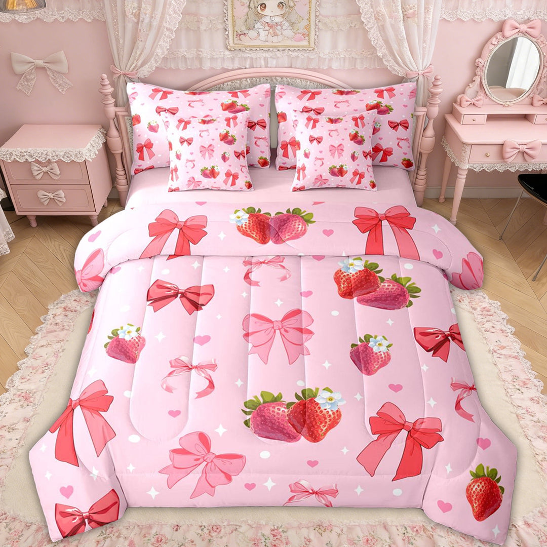Erosebridal Pink Strawberry Bow Twin Bedding Sets for Girls, Cute Strawberry Ribbon Bedding Comforter Set, Pink Reversible, 7 Pieces