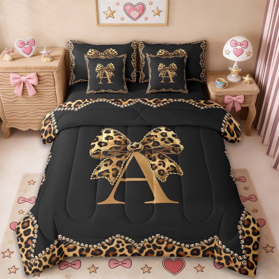 Erosebridal Leopard Print Bows Kids 7-Piece Twin Bedding Sets,Cheetah Pattern A Alphabet Bedding Comforter Set For Girls Women,Reversible black